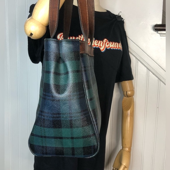 RALPH LAUREN Black Watch Plaid Coated Canvas and Leather Tote Shoulder Bag - Picture 7 of 17